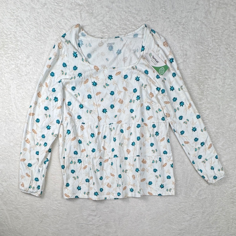 Lands' End Tiered Floral Top Women L White Blue Cottagecore Long Sleeve ‎ NWT